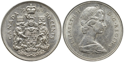 Канада 50 центов 1969 Елизавета II (1952-2022), герб KM 75.1 никель 4542-125