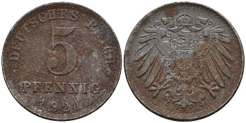 Германия 5 пфеннигов 1921 A KM 19, J. 297 железо 4151-631