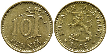 Финляндия 10 пенни 1966 S KM 46 алюминиевая бронза 75-1255