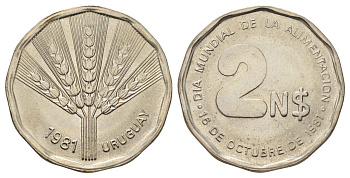 Уругвай 2 новых песо 1981 ФАО - Всемирный День Продовольствия KM 77 медь цинк никель UNC 4650-1014