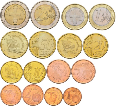 КИПР ЕВРОНАБОР ИЗ 8 МОНЕТ 2008 1, 2, 5, 10, 20, 50 ЕВРОЦЕНТОВ, 1 И 2 ЕВРО UNC 183-721