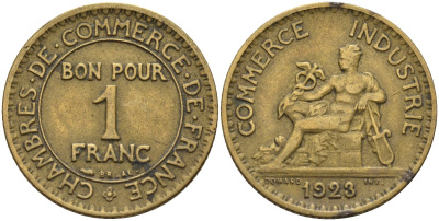 Франция 1 франк 1923 KM 876, Le Franc 218.5 алюминиевая бронза 4142-653