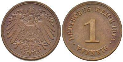 ГЕРМАНИЯ 1 ПФЕННИГ 1913 F KM 10, J. 10, Weege 2 медь 206-421