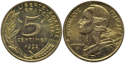 ФРАНЦИЯ 5 САНТИМОВ 1992 ТИП MARIANNE KM 933 медь алюминий никель 99-1127