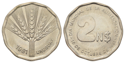 Уругвай 2 новых песо 1981 ФАО - Всемирный День Продовольствия KM 77 медь цинк никель UNC 4650-1014