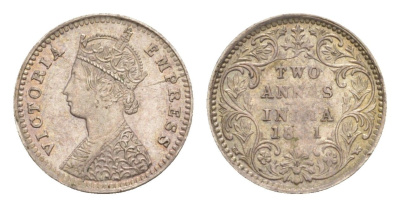 Британская Индия 2 анны 1891? Виктория (1837-1901) KM 488 серебро 1517-334