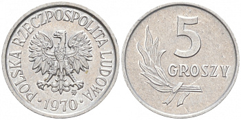 Польша 5 грошей 1970 MW  KM A46, Parchimowicz 204j алюминий UNC 100-1159