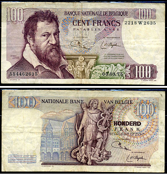 Бельгия 100 франков 1975 Pick 134c бумага 8564-4-1-2