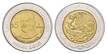 Мексика 5 песо 2008 Столетие революции - Альваро Обрегон KM 895 биметалл UNC 216-1127