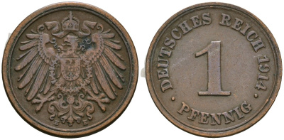 Германия 1 пфенниг 1914 E, Вильгельм II (1888-1918) KM 10, J. 10 медь 4608-167
