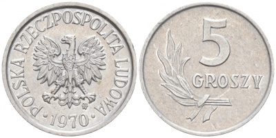Польша 5 грошей 1970 MW  KM A46, Parchimowicz 204j алюминий UNC 100-1159