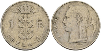 БЕЛЬГИЯ 1 ФРАНК 1956 BELGIE KM 143.1 медно-никель 4546-343