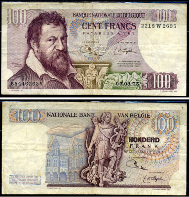 Бельгия 100 франков 1975 Pick 134c бумага 8564-4-1-2