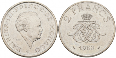 Монако 2 франка 1982 Ренье III (1949-2005) KM 1577 никель 73-1646