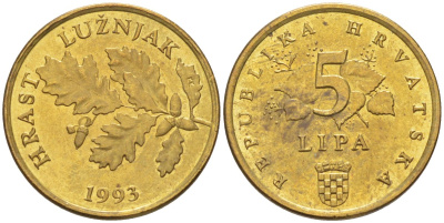 Хорватия 5 лип 1993 дуб, легенда на хорватском KM 5 сталь плакированная латунью 187-439