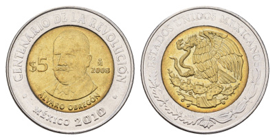 Мексика 5 песо 2008 Столетие революции - Альваро Обрегон KM 895 биметалл UNC 216-1127