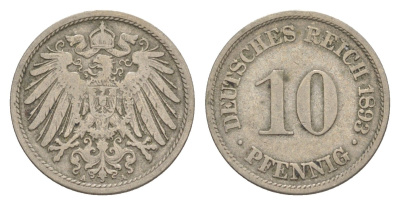 Германия 10 пфеннигов 1893 A, Вильгельм II (1888-1918) KM 12, J. 13 медно-никель 4644-1142