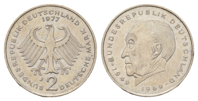 ФРГ 2 марки 1977 J, Конрад Аденауэр KM 124, J. 406 медно-никель 3459-954