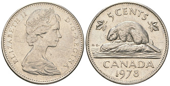 Канада 5 центов 1978 Елизавета II (1952-2022), бобр KM 60.1 никель aUNC 4617-925