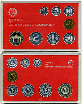 ГДР официальный набор из 8 монет включая 5 марок Бранденбургские ворота 1984 тираж 3015 экземпляров, твердый пластик KM PS 5 PROOF 4-3-5-22