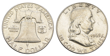 США 1/2 доллара (50 центов) 1963 Бенджамин Франклин, колокол KM 199 серебро    4653-144