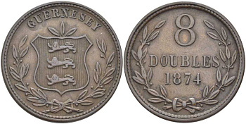 Гернси 8 даблов (дублей) 1874 KM 7 бронза 3996-524