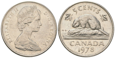 Канада 5 центов 1978 Елизавета II (1952-2022), бобр KM 60.1 никель aUNC 4617-925