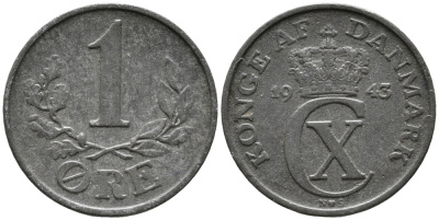 ДАНИЯ 1 ЭРЕ 1943 N; S, КРИСТИАН X (1912-1947) KM 832 цинк 100-644