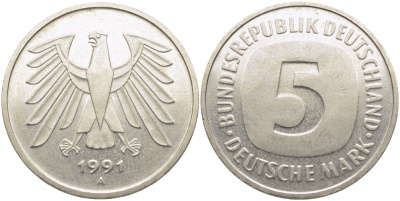 ФРГ 5 МАРОК 1991 A, J. 415, KM 140.1 медно-никель плакированный никелем 109-913