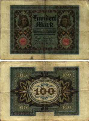 Германия 100 марок 1920 Бамбергский всадник, 7 цифр в номере, серия E, буква B Pick 69 a, Розенберг 69a бумага 8609-53-2