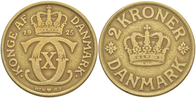Дания 2 кроны 1925 HCN; GJ, Кристиан X (1912-1947) KM 825.2 алюминиевая бронза 4111-426