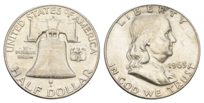 США 1/2 доллара (50 центов) 1963 Бенджамин Франклин, колокол KM 199 серебро    4653-144