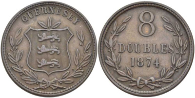 Гернси 8 даблов (дублей) 1874 KM 7 бронза 3996-524