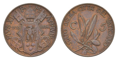 Ватикан 5 чентезимо 1934 Пий XI (1922-1939) KM 1 бронза 603-325
