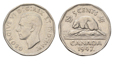 Канада 5 центов 1947 бобр Dot, Георг VI (1936-1952) KM 39a никель 4679-659