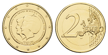 Нидерланды 2 евро 2013 Коронация Короля Виллема-Александра KM 332 биметалл, золочение 11-070-14