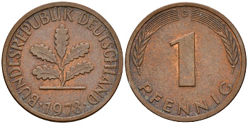 ФРГ 1 пфенниг 1978 G KM 105, J. 380 сталь плакированная медью    4598-559