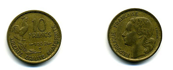 Франция 10 франков 1952 B, петух KM 915.2, Le Franc 363.5 алюминиевая бронза 56-321