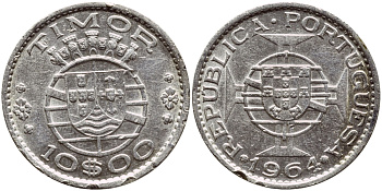 Португальский Тимор 10 эскудо 1964 год тип KM 16 серебро  4175-711