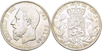 Бельгия 5 франков 1869 Леопольд II (1865-1909) KM 24 серебро 4184-615