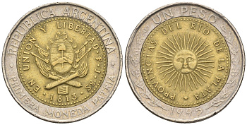 Аргентина 1 песо 1995 A, майское солнце, 8 эскудо 1813 KM 112.1; CJ 6.2.1, Schon 113 биметалл    60-456