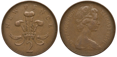 Великобритания 2 пенса 1971 Елизавета II (1952-2022) KM 916, Spink 4235 (C1) бронза 186-842