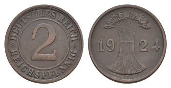 Германия 2 рейхспфеннига 1924 F KM 38, J. 314 бронза 4644-1061