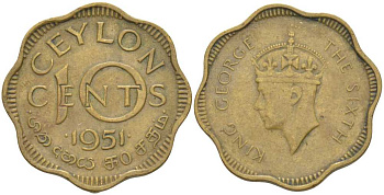 ЦЕЙЛОН 10 ЦЕНТОВ 1951 ГЕОРГ VI (1936-1952) KM 121 никель латунь 212-924