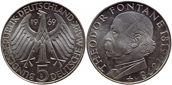 ФРГ 5 марок 1969 G, 150 лет со дня рождения Теодора Фонтана J. 399, KM 125.1 серебро UNC 1520-1243