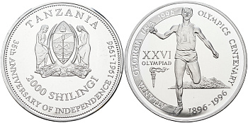 Танзания 2000 шиллингов 1996 XXVI Олимпийские игры 1996 года в Атланте, 100 лет Олимпийскому движению, финиш пробник, гладкий гурт алюминий PROOF 06-156-35