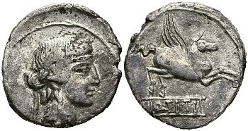 Римская Республика денарий 90 г. до н.э. монетарий Кв. Тиций. Бахус / Пегас VERY FINE 3,58 ГР Crawf. 341/2; Syd. 692 серебро 1073-1-8-3