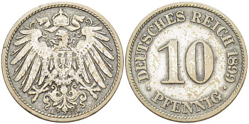 ГЕРМАНИЯ 10 ПФЕННИГОВ 1899 А KM 12, J. 13 медно-никель 4523-257
