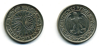 Германия 50 рейхспфеннигов 1929 А KM 49, J. 324 никель 58-522