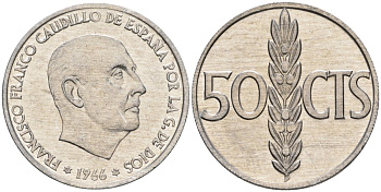 Испания 50 сентимо 1966 (70) Франсиско Франко (1939-1975) KM 795 алюминий 4398-355